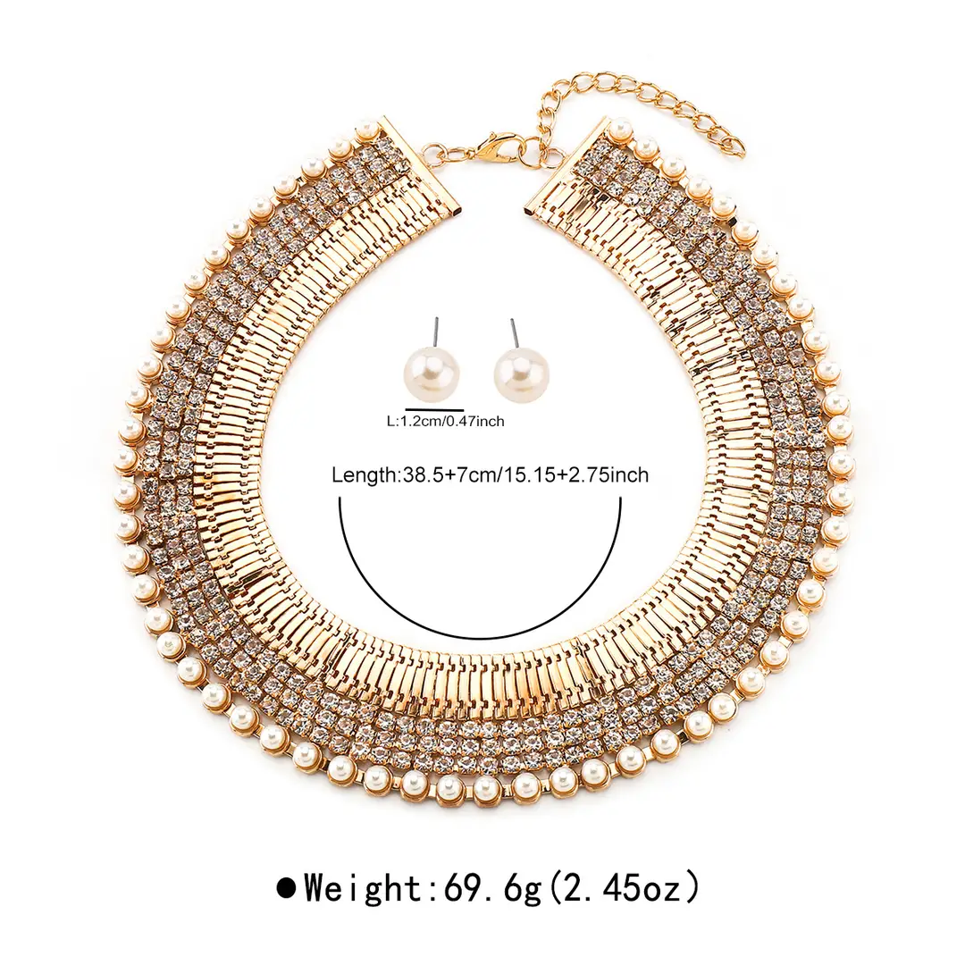 N12427 Exaggerated Wide Edition Gold Strap Diamond Neck Chain Light Luxury Niche Temperament Geometric Heavy Industry Jewelry suit