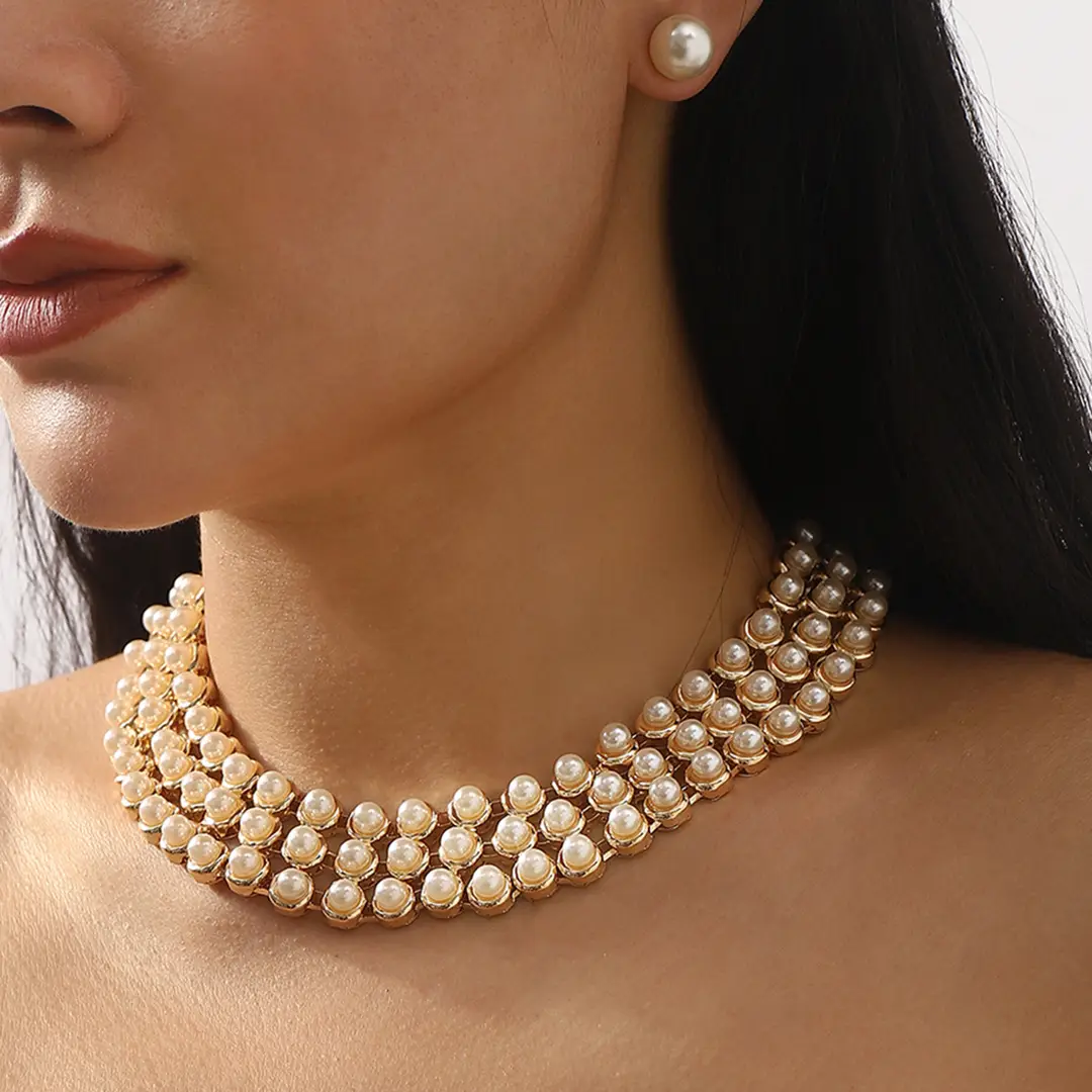 N12427 Exaggerated Wide Edition Gold Strap Diamond Neck Chain Light Luxury Niche Temperament Geometric Heavy Industry Jewelry suit