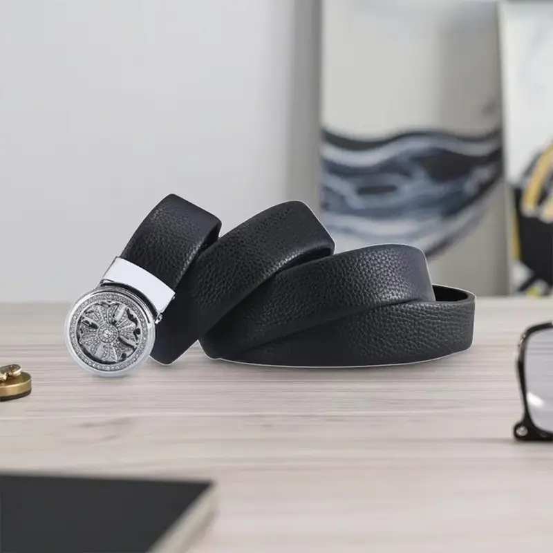Men's Black Leather Belt with Star Buckle & Digital Scale