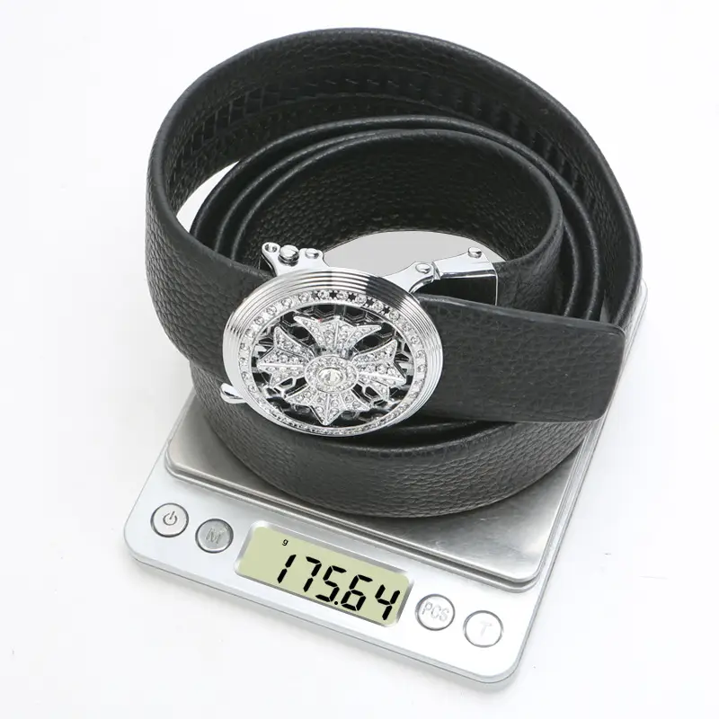 Men's Black Leather Belt with Star Buckle & Digital Scale