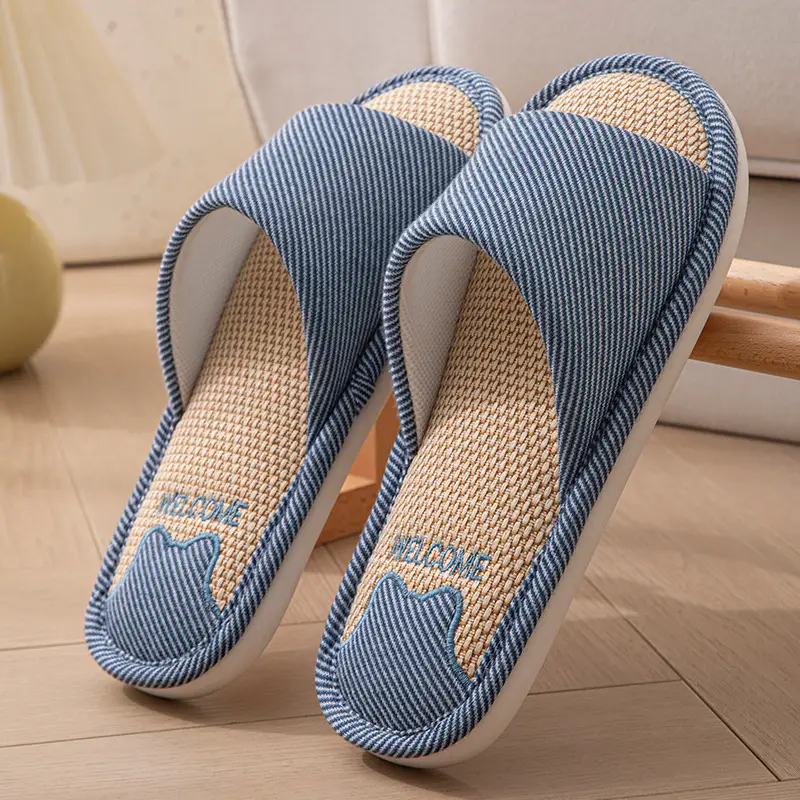 Linen slippers men's spring and autumn wholesale bear cotton linen mute soft bottom indoor breathable fabric slippers women's four seasons