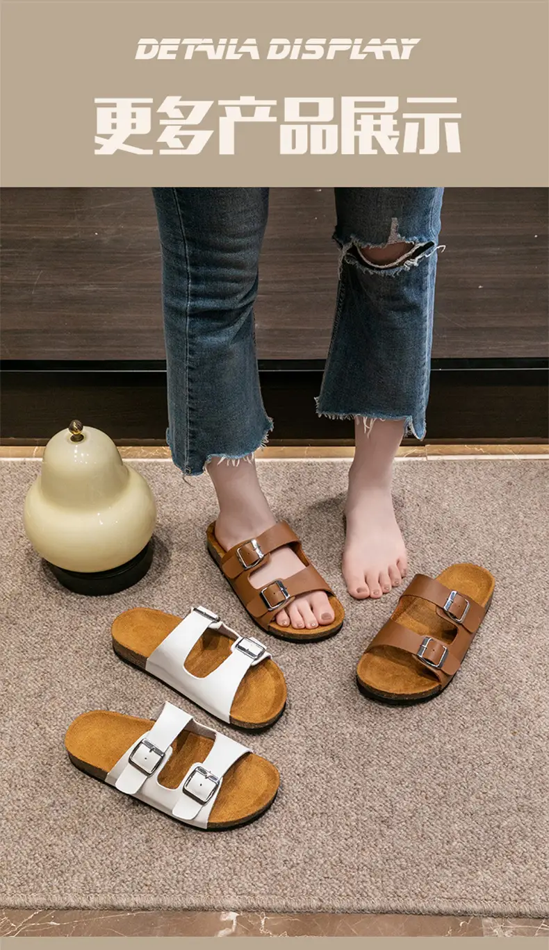 Cross-Border Export Slippers for Women 2025 Spring and Summer New Round Toe Cork Bottom Double Buckle One-Line Outer Wear Beach Sandals — feature 11