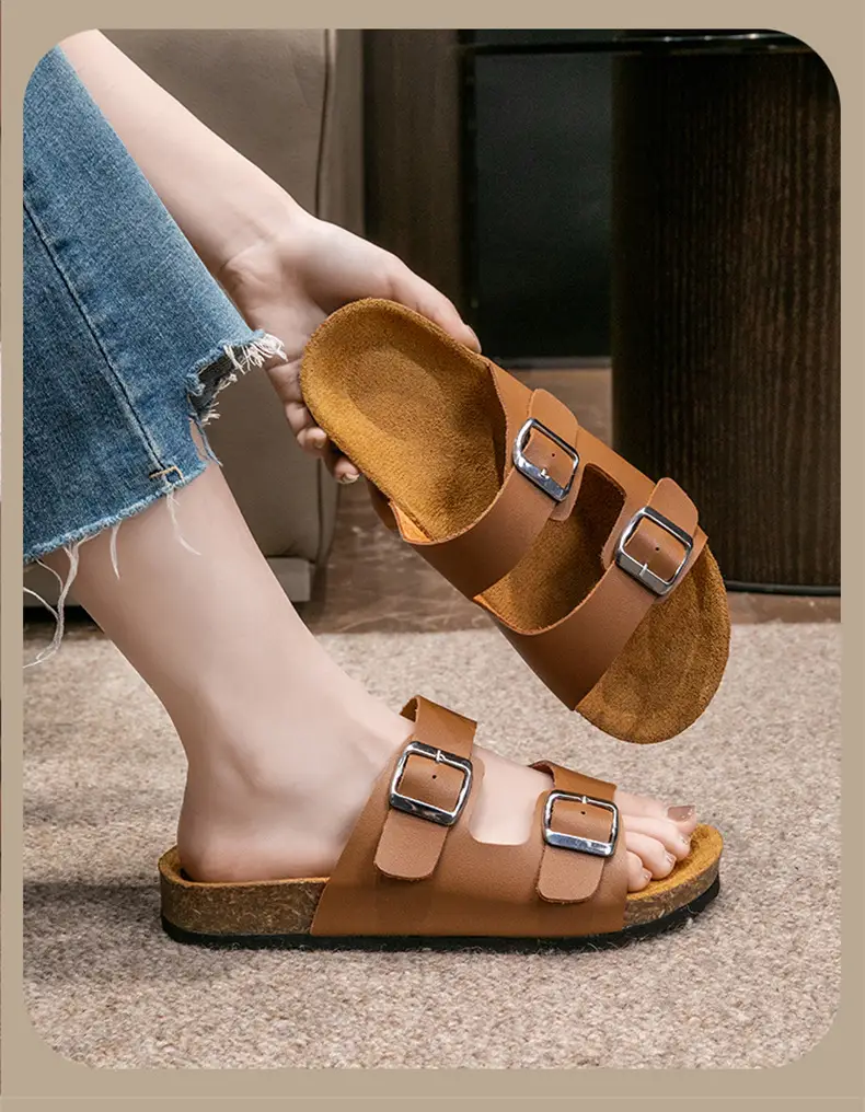 Cross-Border Export Slippers for Women 2025 Spring and Summer New Round Toe Cork Bottom Double Buckle One-Line Outer Wear Beach Sandals — feature 13