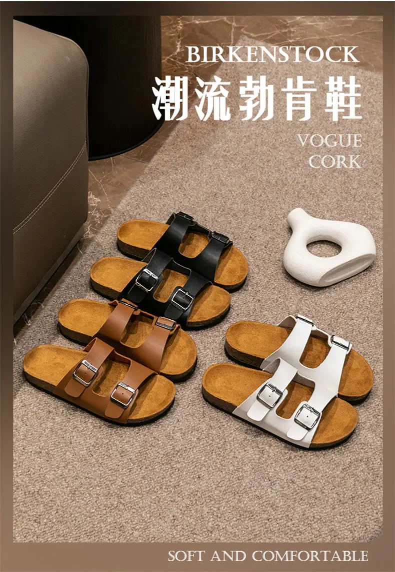 Cross-Border Export Slippers for Women 2025 Spring and Summer New Round Toe Cork Bottom Double Buckle One-Line Outer Wear Beach Sandals — feature 2