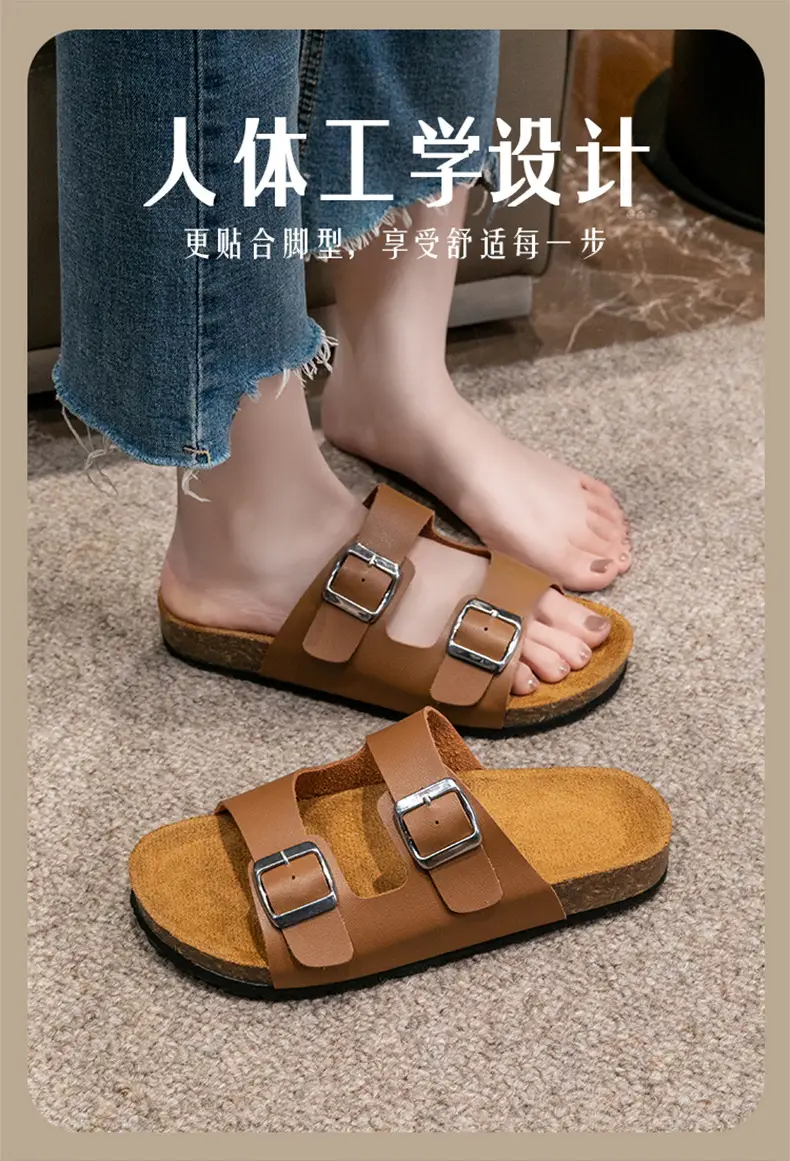 Cross-Border Export Slippers for Women 2025 Spring and Summer New Round Toe Cork Bottom Double Buckle One-Line Outer Wear Beach Sandals — feature 6