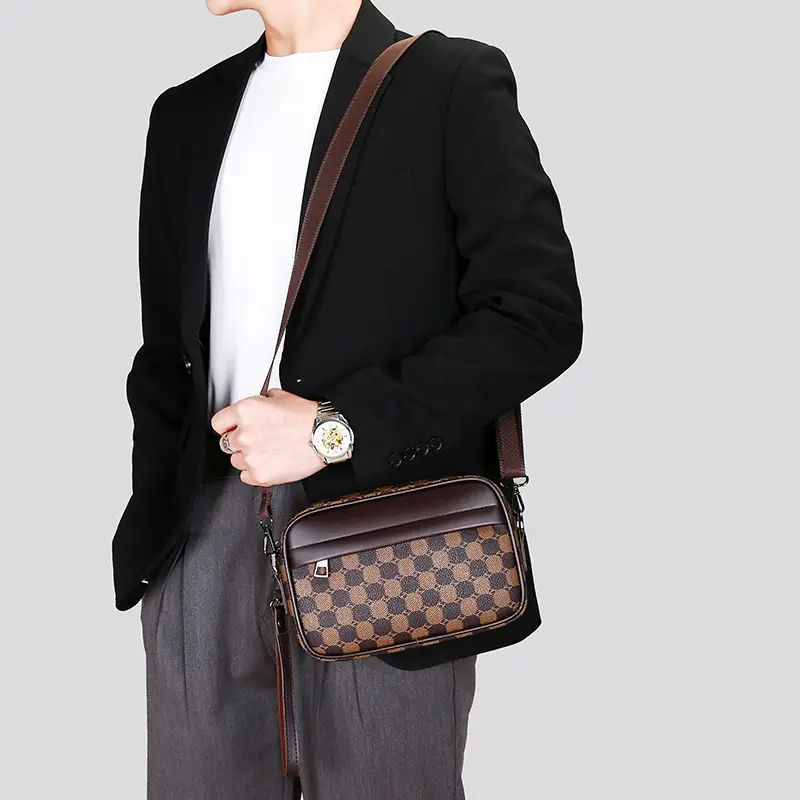 New Men's Black Checkered Mini Shoulder Bag