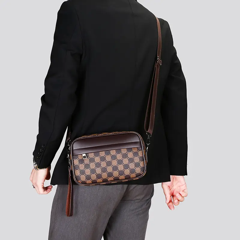 New Men's Black Checkered Mini Shoulder Bag