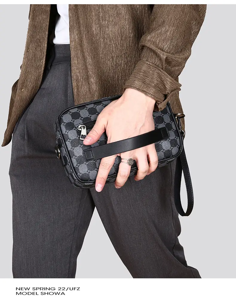 New Men's Black Checkered Mini Shoulder Bag — feature 15