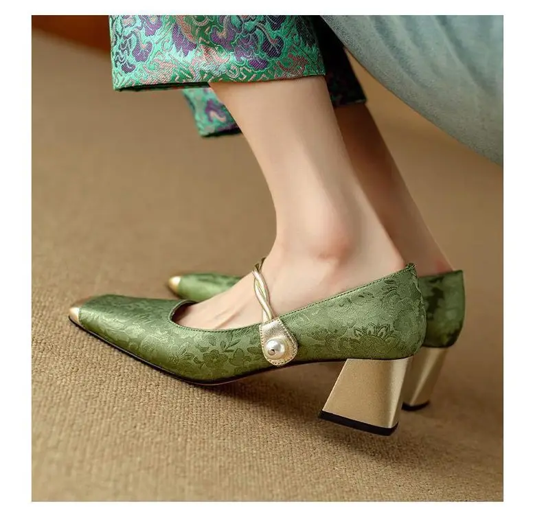 Spring High-heeled Shoes Women's Single-layer Shoes New Chinese Style National Style Color-matching Square-head Mary Jane Shoes French Pearl Thick Heel — feature 14