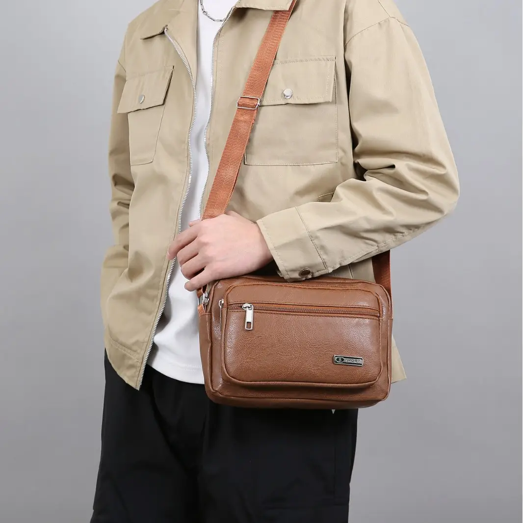 Men's Korean Style PU Leather Crossbody Bag Brown Large Capacity - Image 5