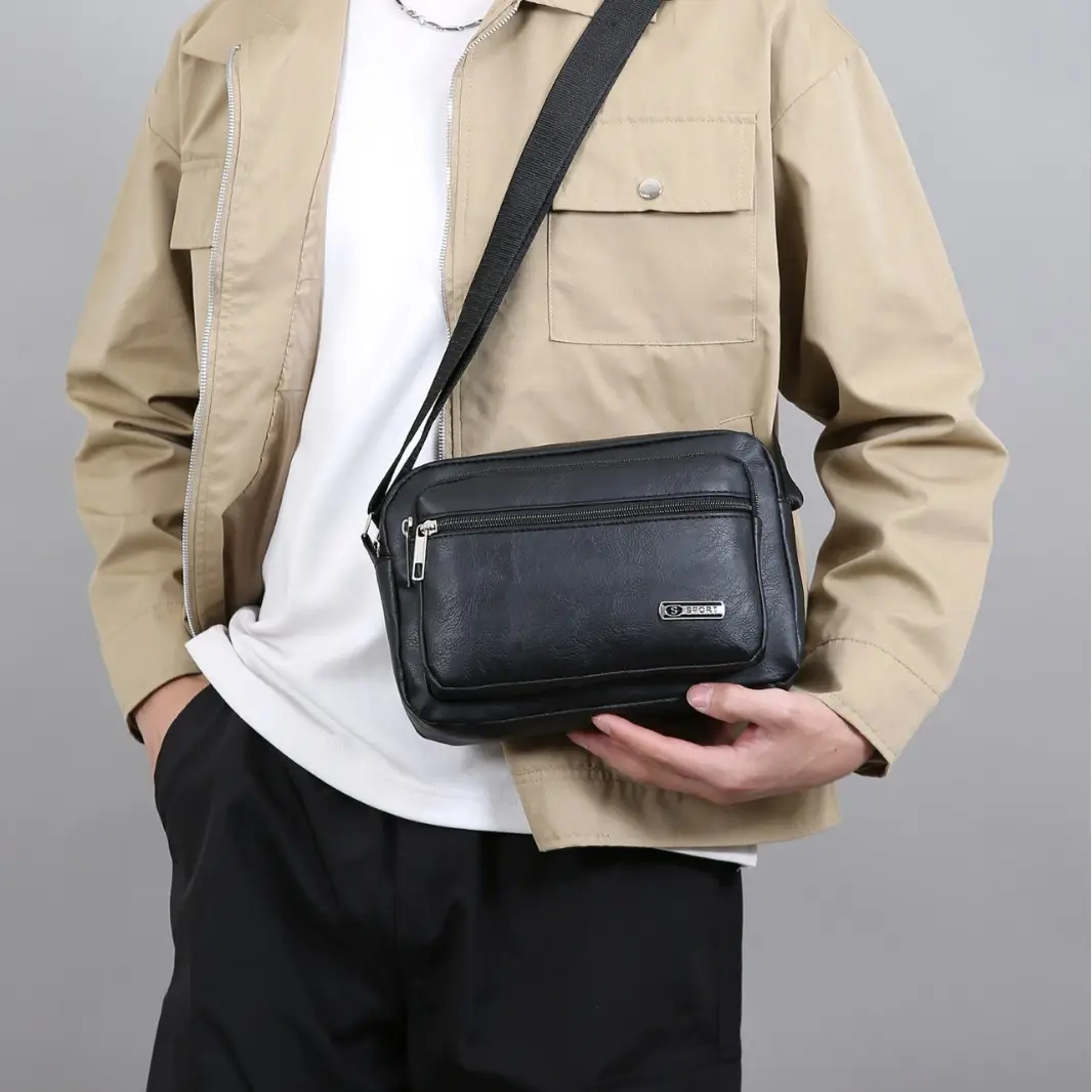 Men's Korean Style PU Leather Crossbody Bag Brown Large Capacity - Image 6