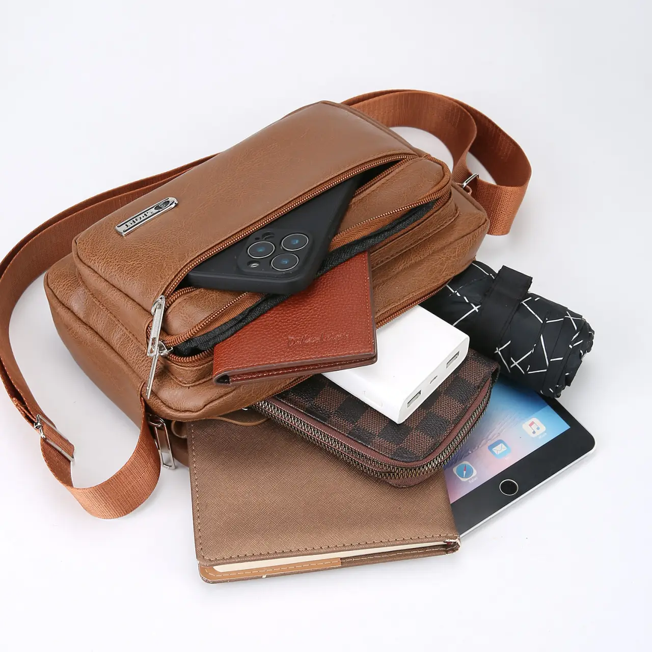 Men's Korean Style PU Leather Crossbody Bag Brown Large Capacity - Image 7