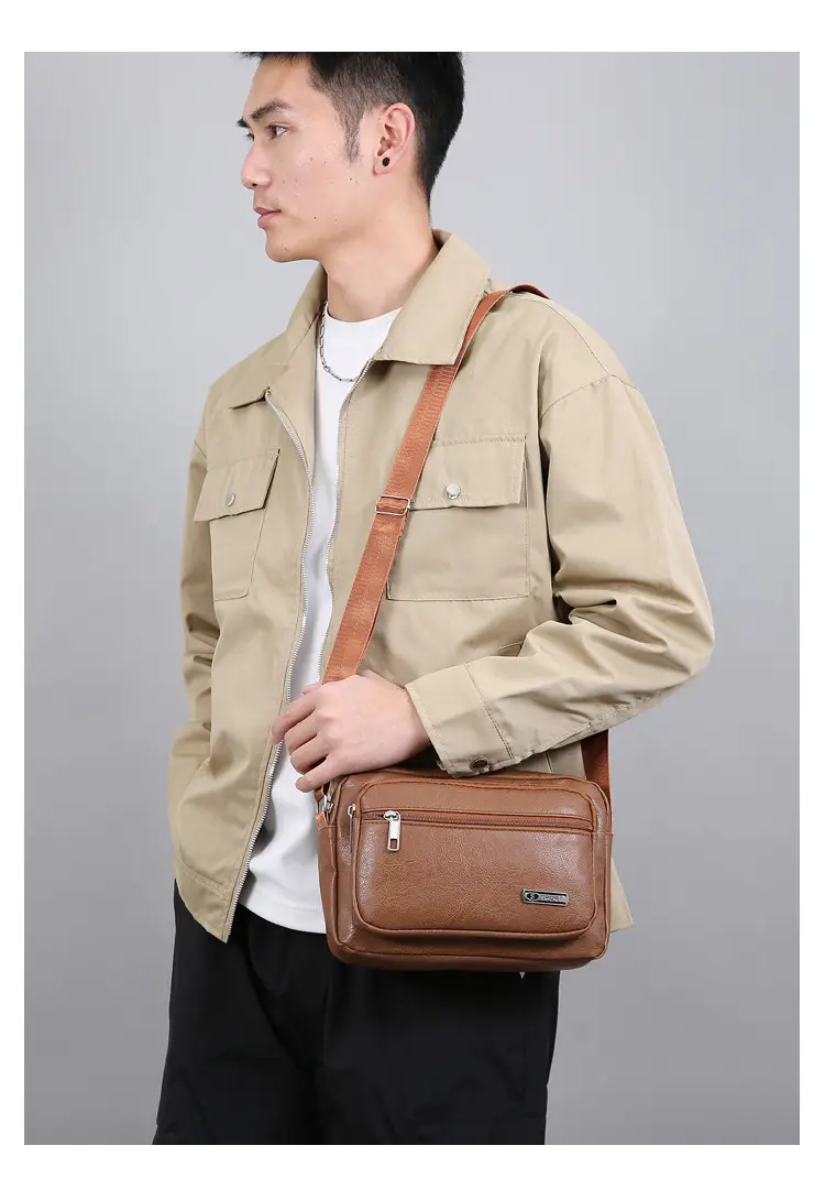Men's Korean Style PU Leather Crossbody Bag Brown Large Capacity — feature 13