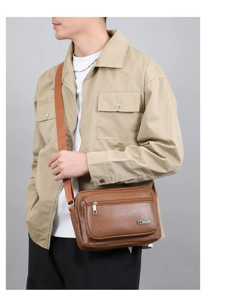 Men's Korean Style PU Leather Crossbody Bag Brown Large Capacity — feature 15