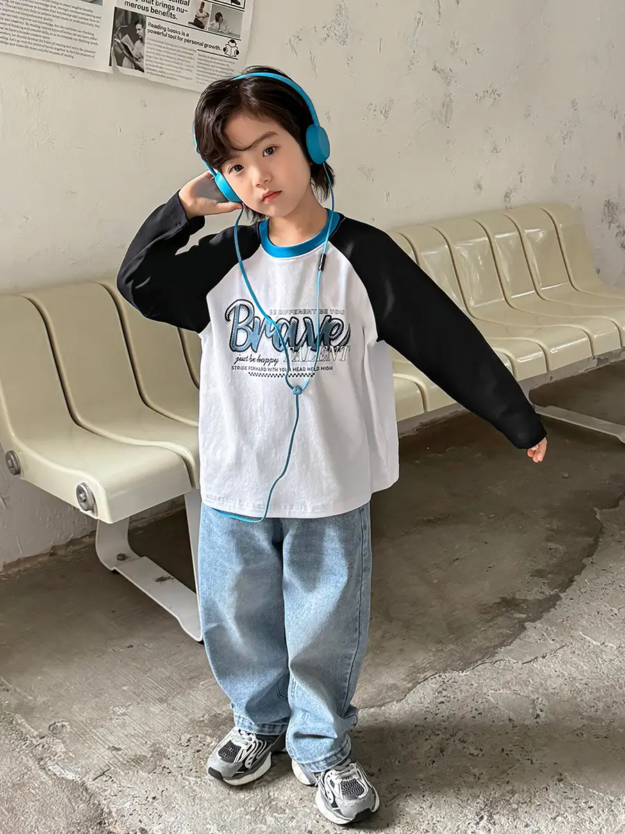 Kids Korean Style Raglan Sleeve T-Shirt White Black Blue - Image 6