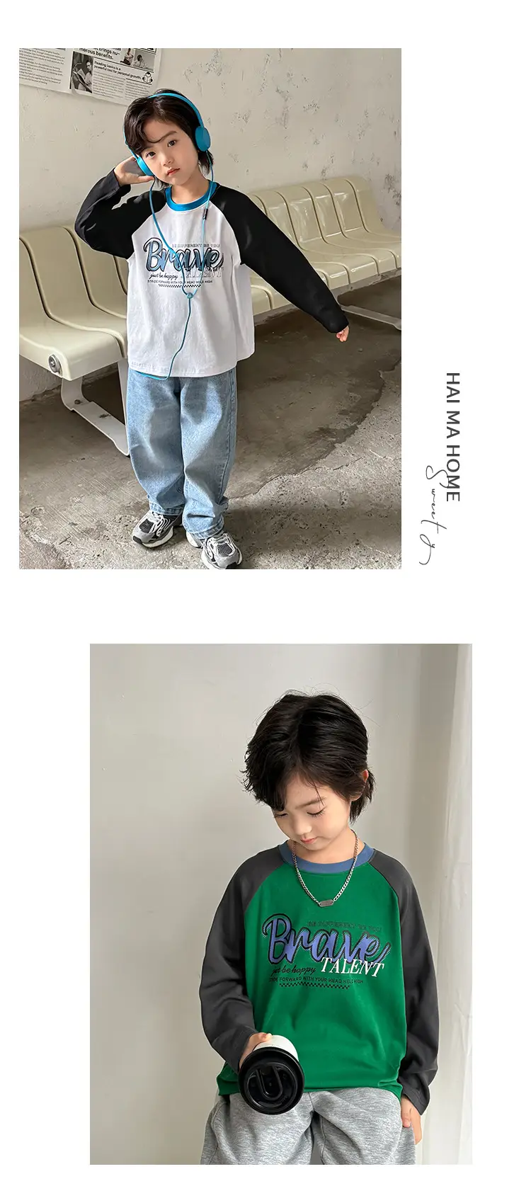 Kids Korean Style Raglan Sleeve T-Shirt White Black Blue — feature 9