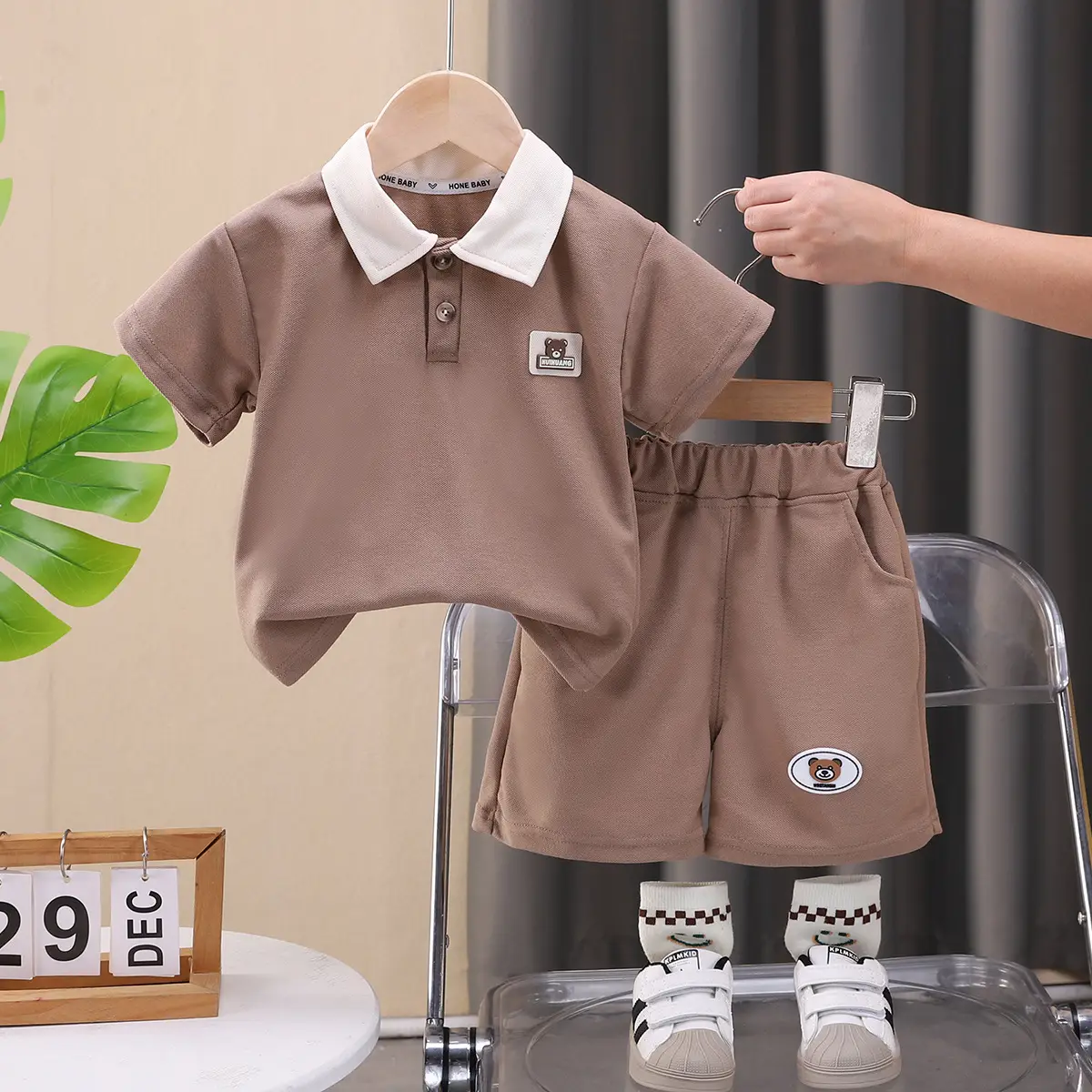 Children's 2-Piece Polo Shirt Set Brown White Summer Boys - Image 2