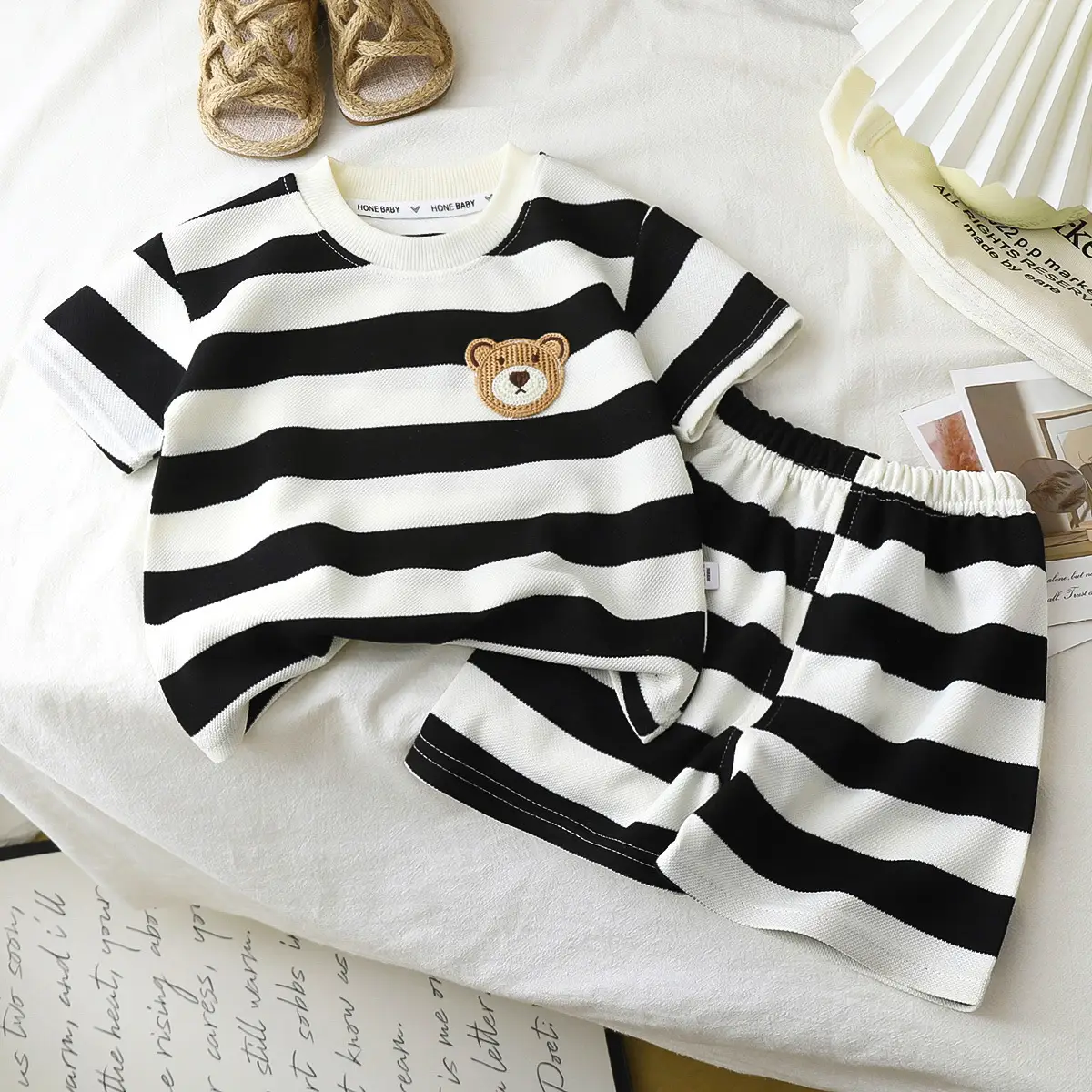 Children Striped T-Shirt Shorts Set Black White Baby Summer - Image 11