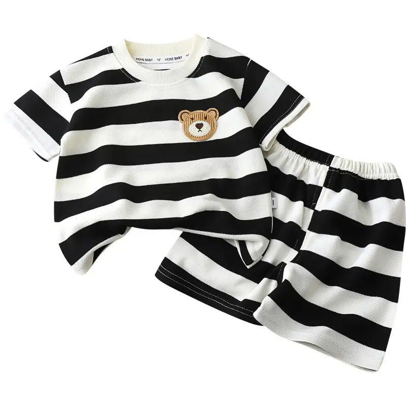 Children Striped T-Shirt Shorts Set Black White Baby Summer - Image 14