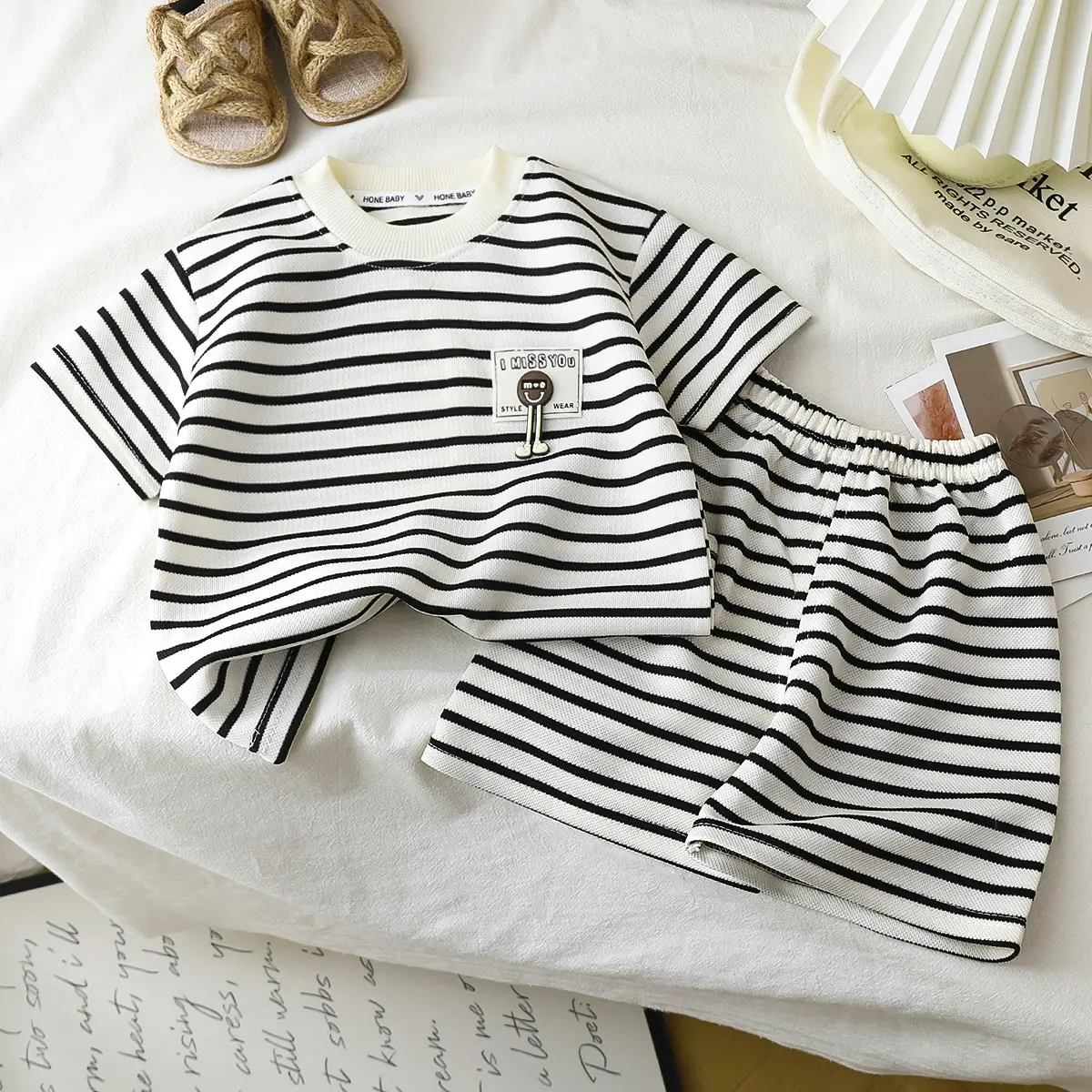 Children Striped T-Shirt Shorts Set Black White Baby Summer - Image 2
