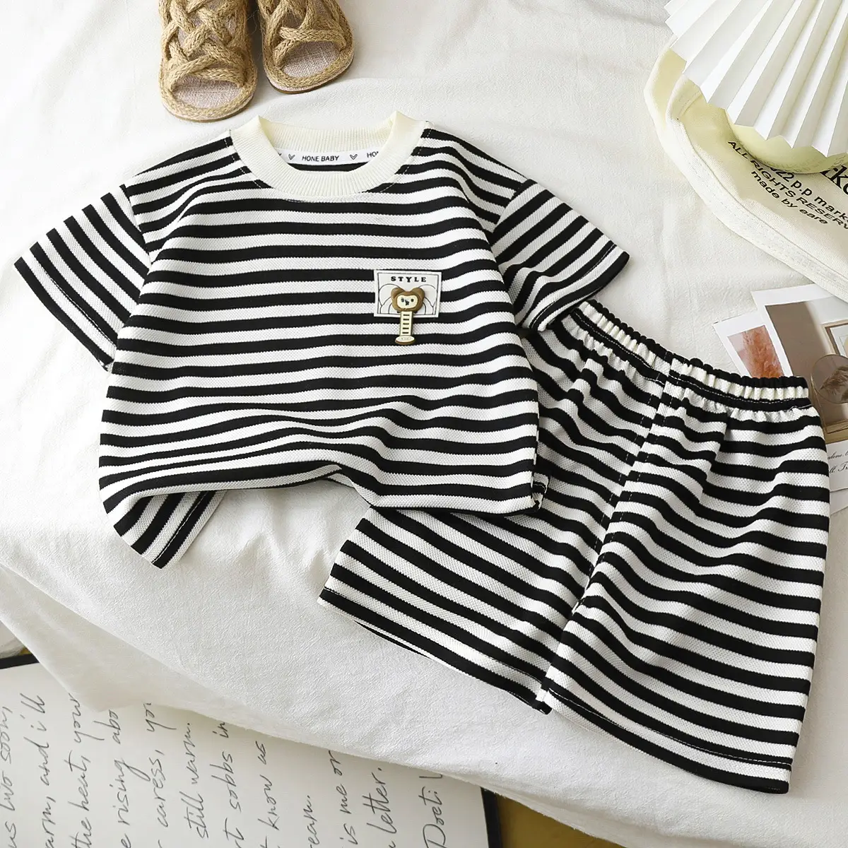 Children Striped T-Shirt Shorts Set Black White Baby Summer - Image 3