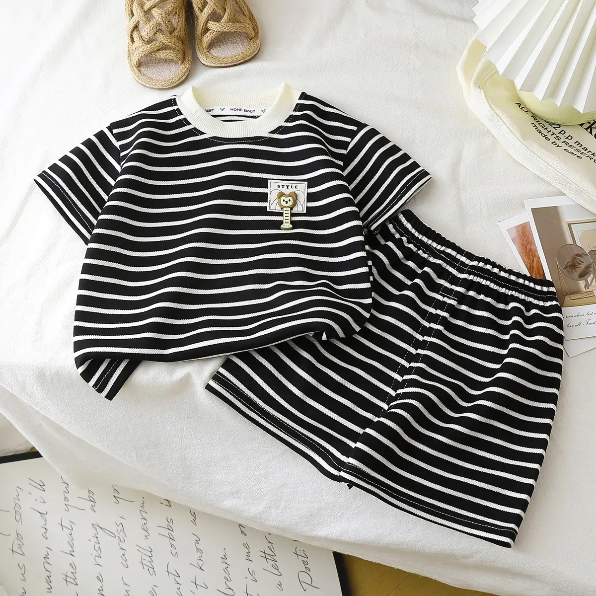 Children Striped T-Shirt Shorts Set Black White Baby Summer - Image 4