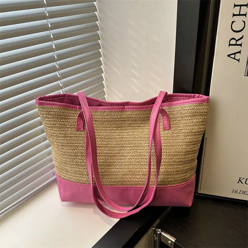 Women's Straw Tote Bag Pink Beige Woven Design - Image 8