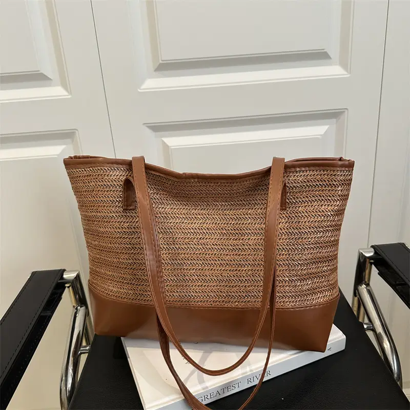 Women's Straw Tote Bag Pink Beige Woven Design - Image 9