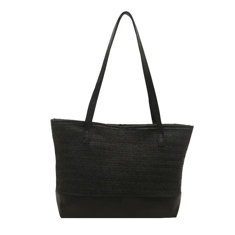 Women's Straw Tote Bag Pink Beige Woven Design - Image 11