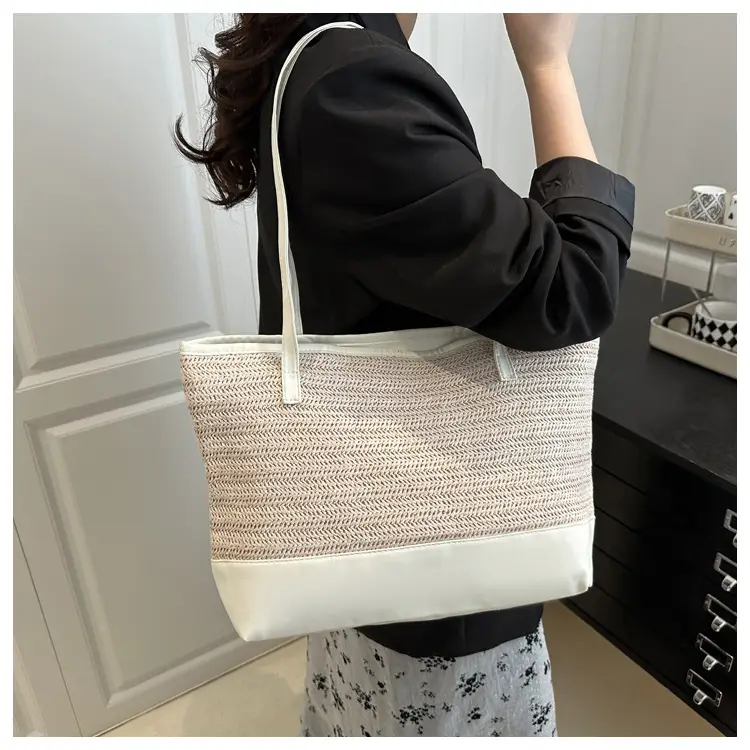 Women's Straw Tote Bag Pink Beige Woven Design — feature 10