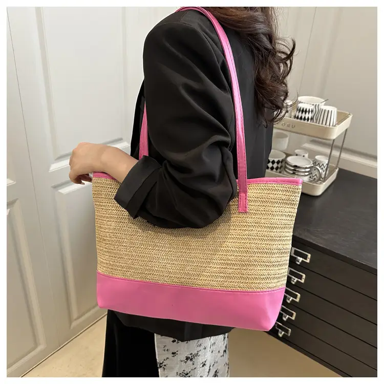 Women's Straw Tote Bag Pink Beige Woven Design — feature 11