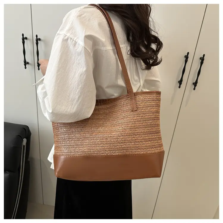 Women's Straw Tote Bag Pink Beige Woven Design — feature 15