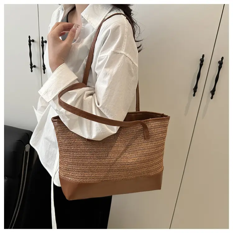 Women's Straw Tote Bag Pink Beige Woven Design — feature 16