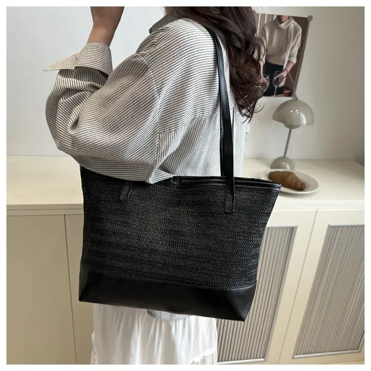 Women's Straw Tote Bag Pink Beige Woven Design — feature 17
