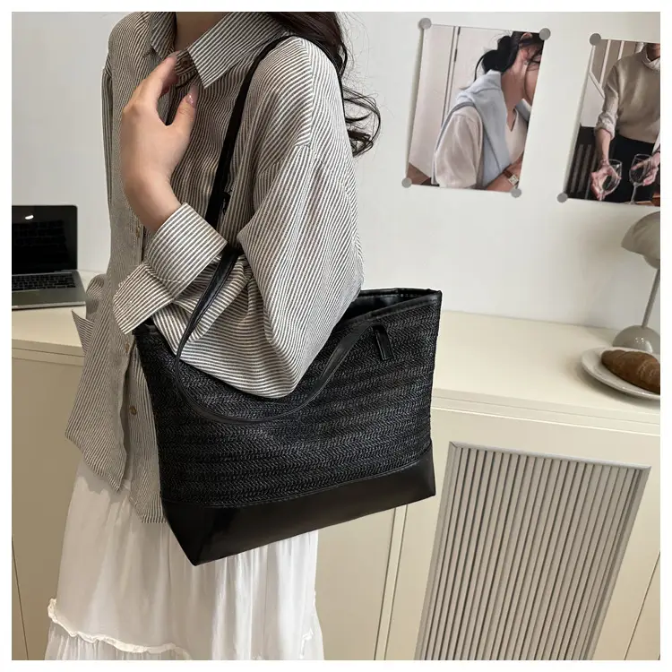 Women's Straw Tote Bag Pink Beige Woven Design — feature 18