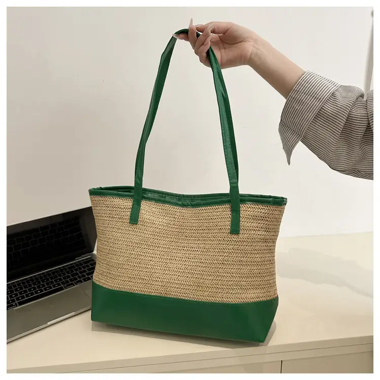 Women's Straw Tote Bag Pink Beige Woven Design — feature 19