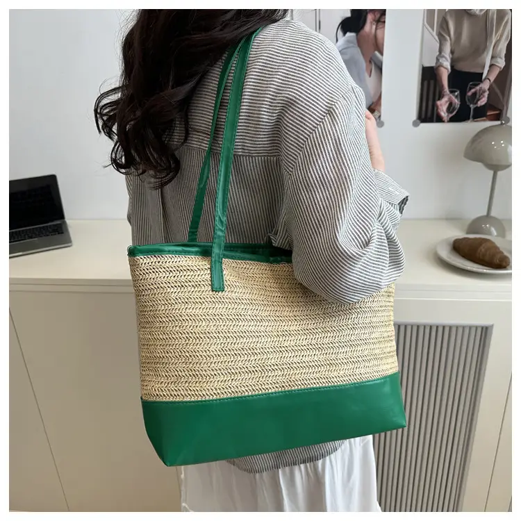 Women's Straw Tote Bag Pink Beige Woven Design — feature 20