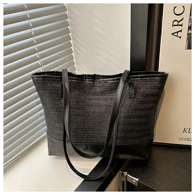 Women's Straw Tote Bag Pink Beige Woven Design — feature 21