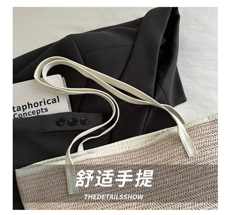 Women's Straw Tote Bag Pink Beige Woven Design — feature 4