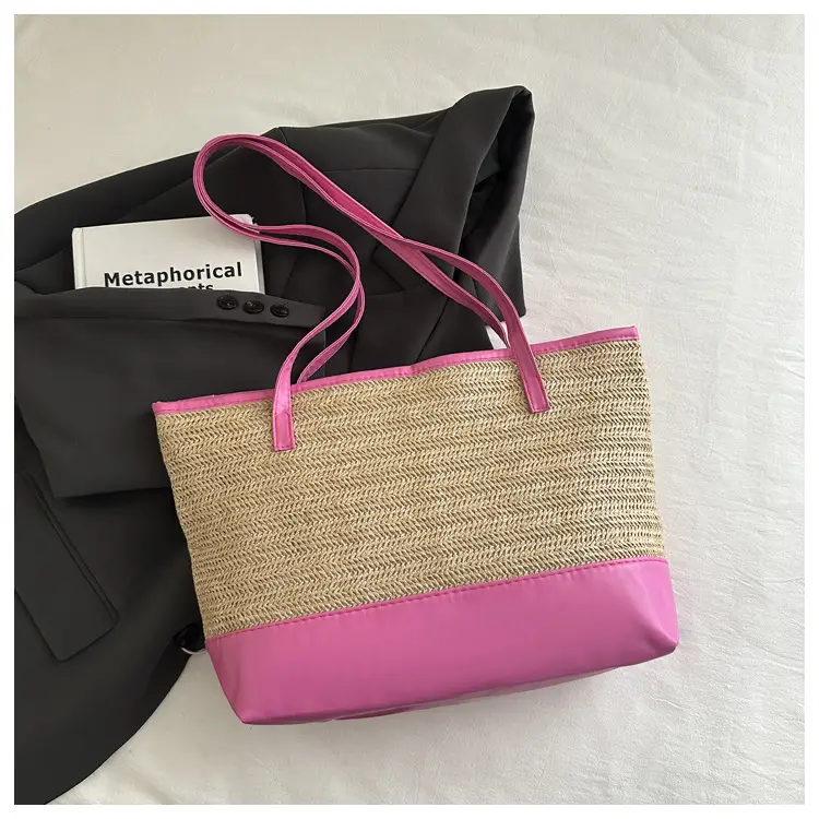 Women's Straw Tote Bag Pink Beige Woven Design - Image 2