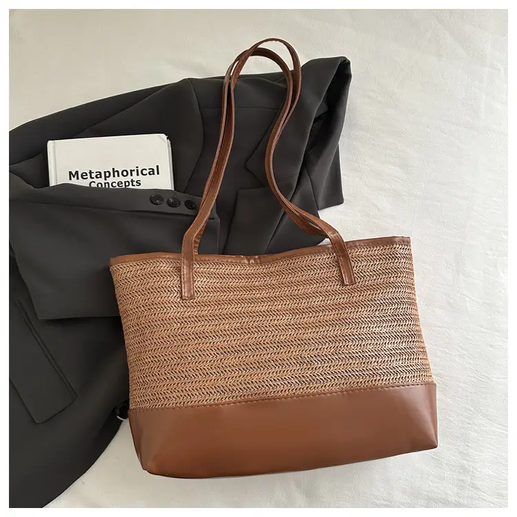 Women's Straw Tote Bag Pink Beige Woven Design - Image 5