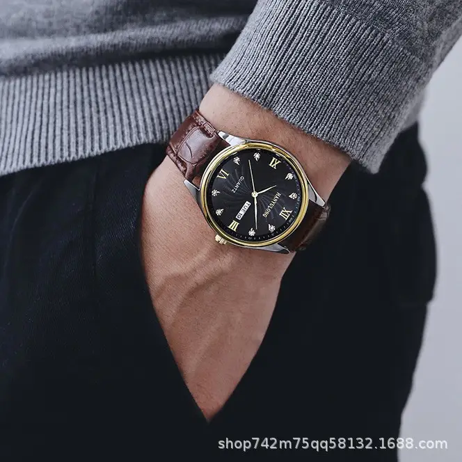 Men's Stainless Steel Dual Calendar Watch Brown Black Belt