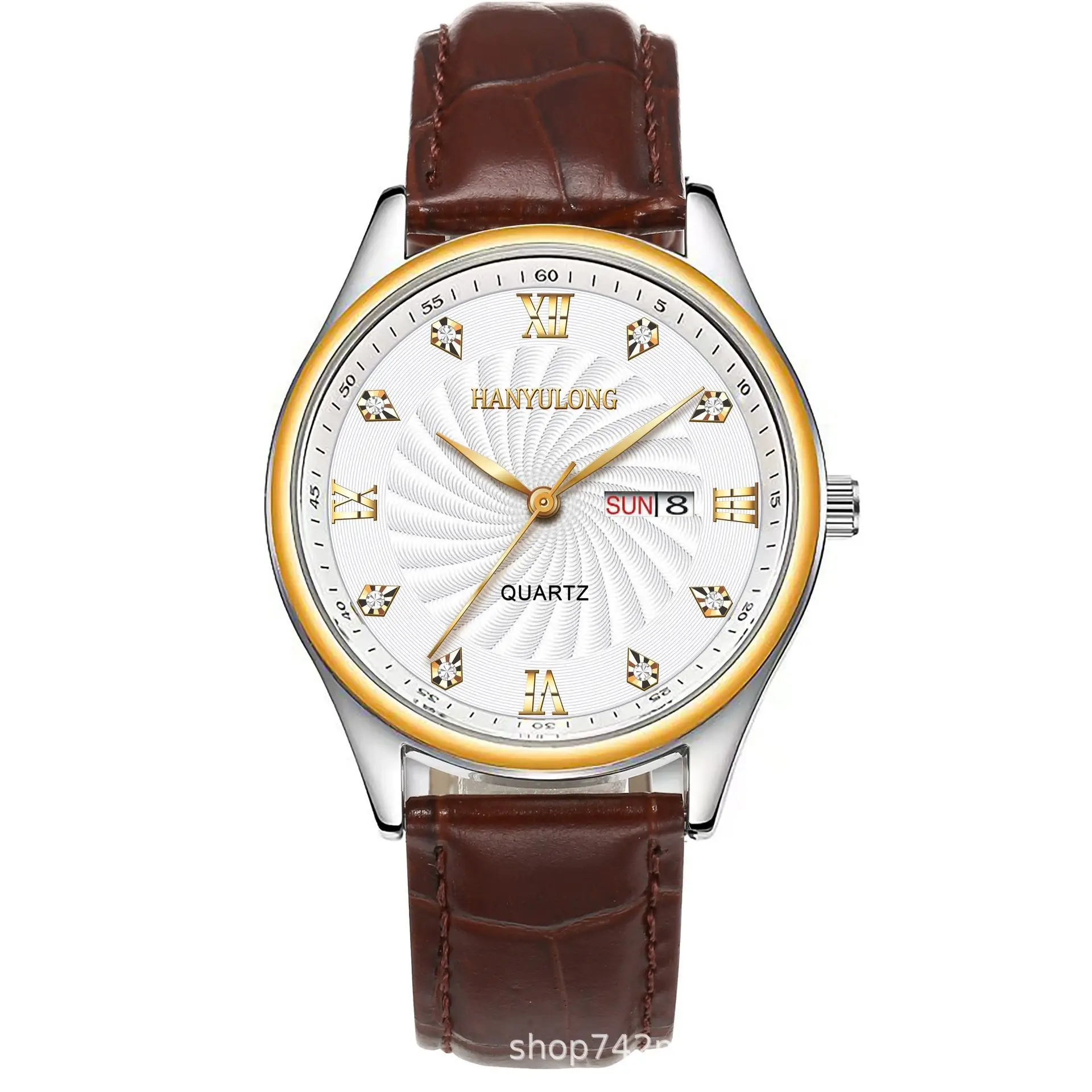 Men's Stainless Steel Dual Calendar Watch Brown Black Belt