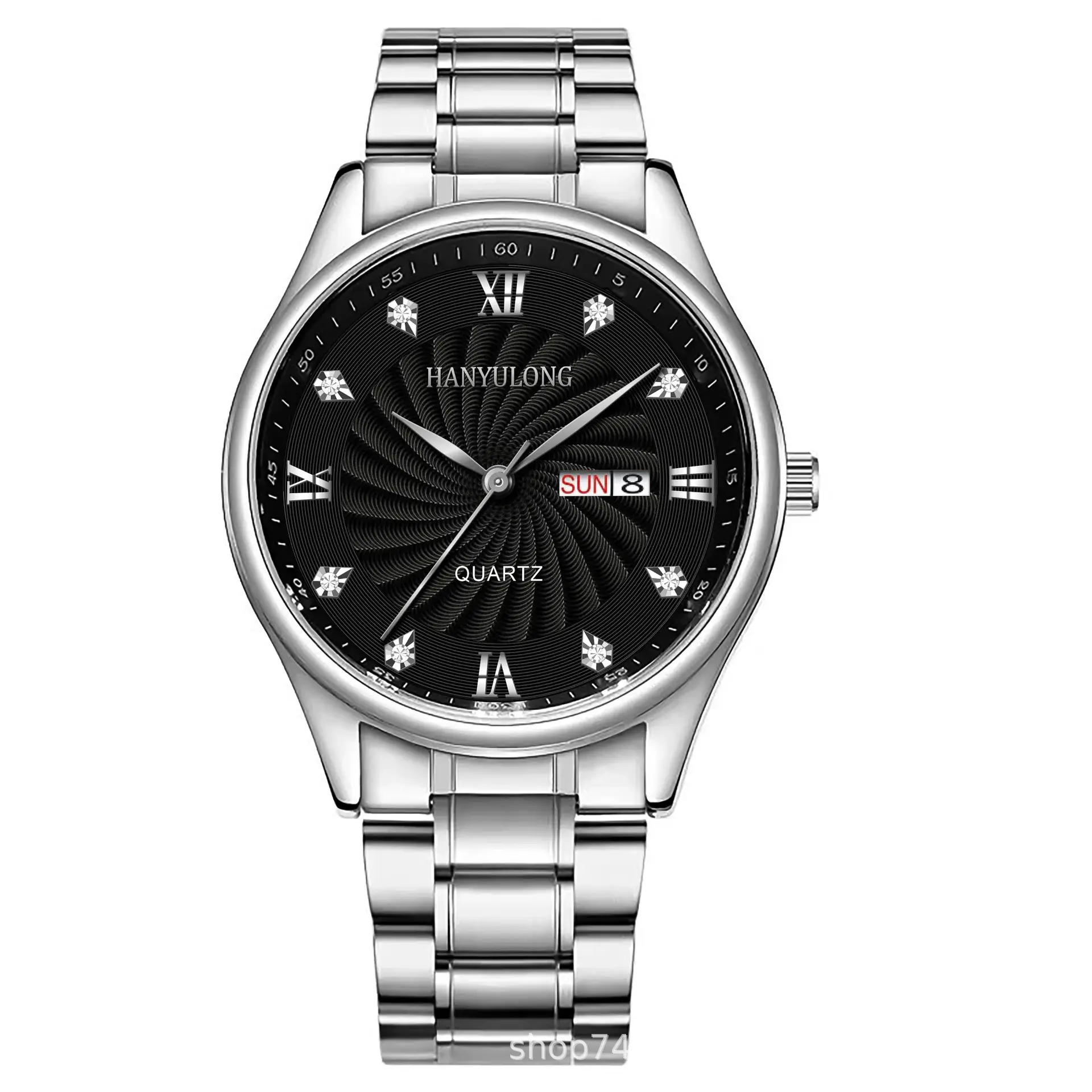 Men's Stainless Steel Dual Calendar Watch Brown Black Belt