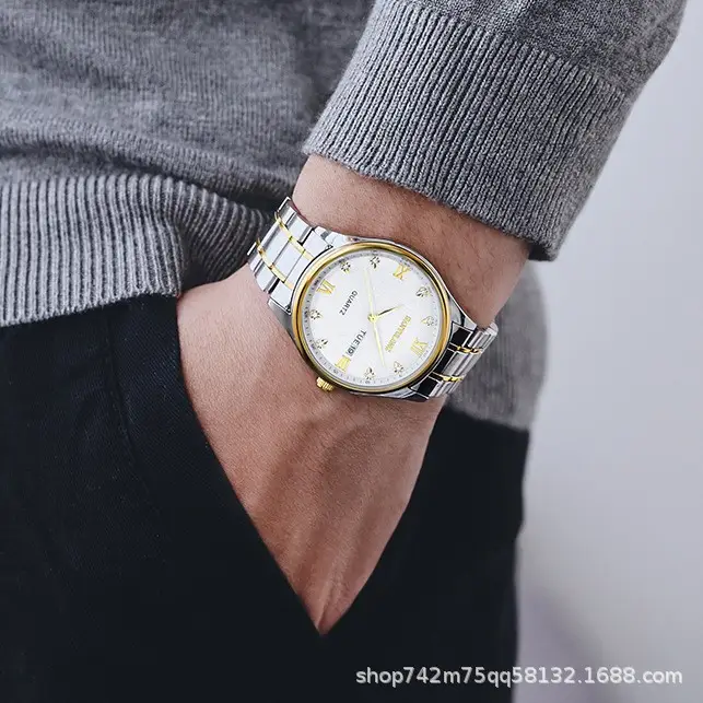 Men's Stainless Steel Dual Calendar Watch Brown Black Belt — feature 2
