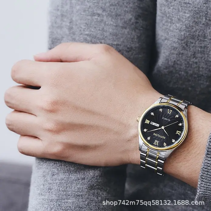 Men's Stainless Steel Dual Calendar Watch Brown Black Belt — feature 3