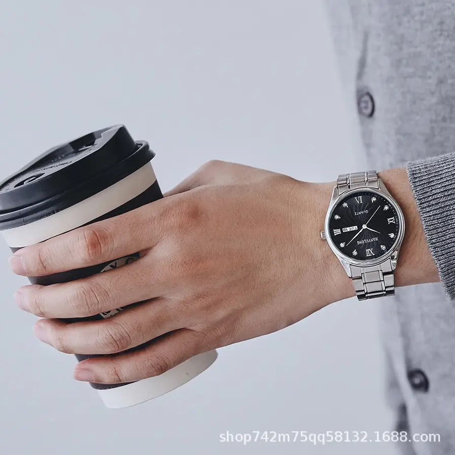 Men's Stainless Steel Dual Calendar Watch Brown Black Belt — feature 4