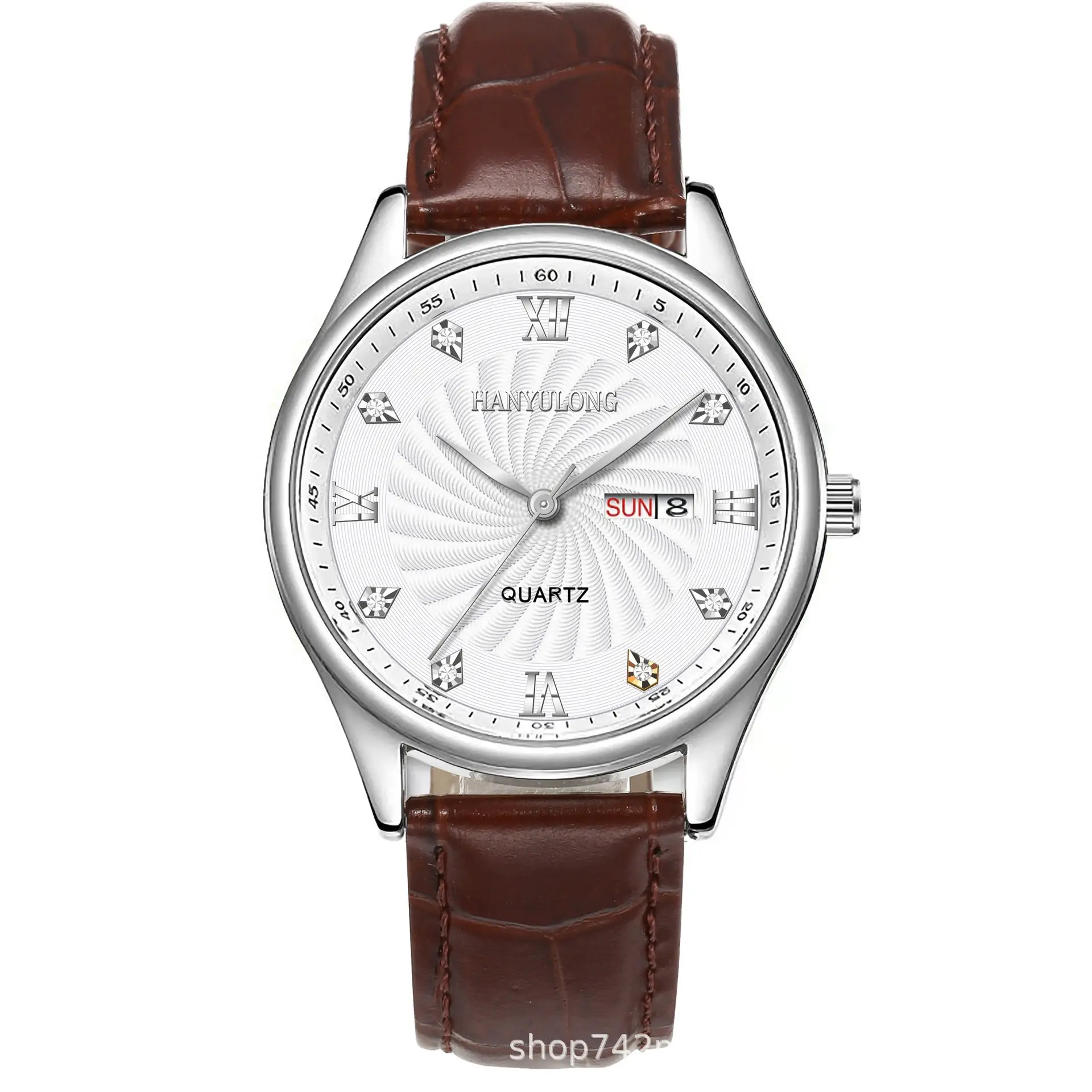 Men's Stainless Steel Dual Calendar Watch Brown Black Belt