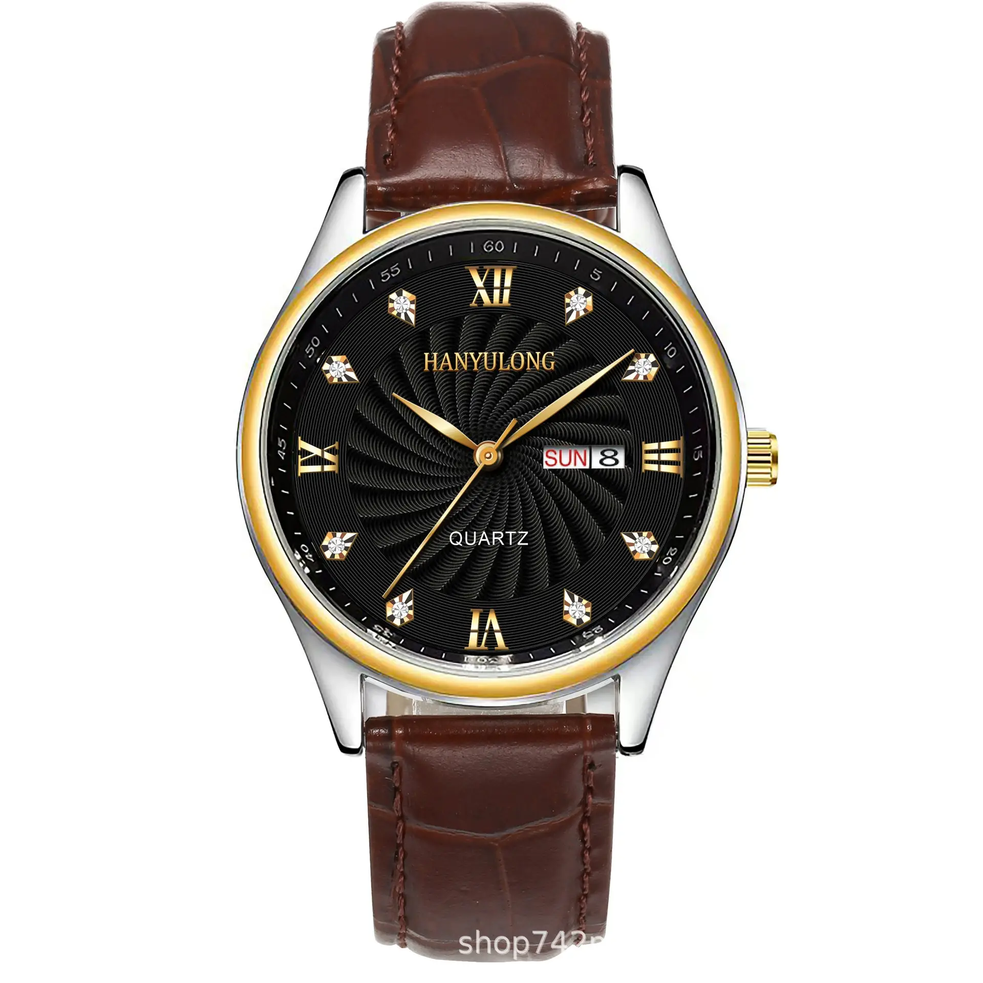 Men's Stainless Steel Dual Calendar Watch Brown Black Belt