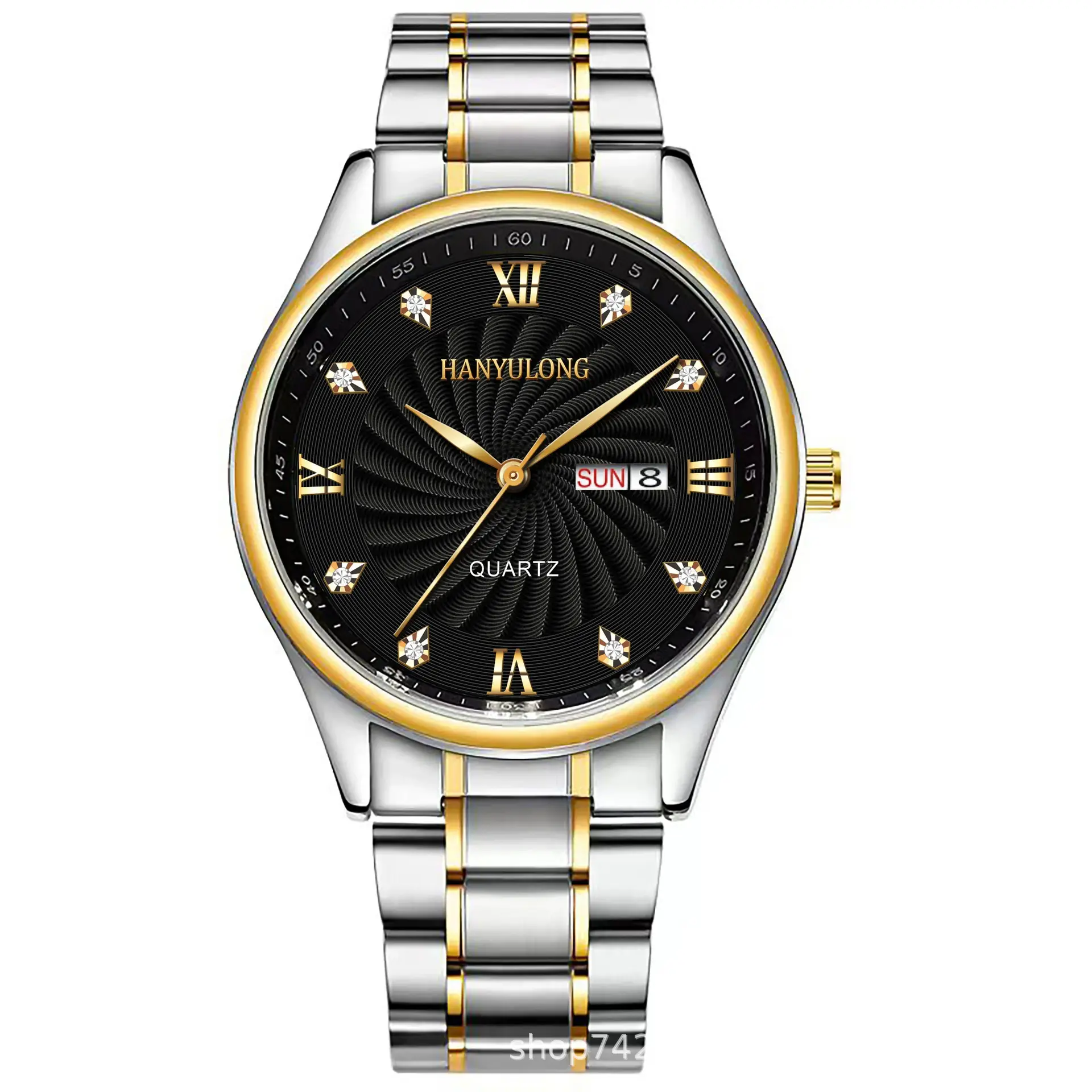Men's Stainless Steel Dual Calendar Watch Brown Black Belt